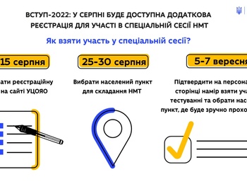 ВСТУП-2022: У СЕРПНІ БУДЕ ДОСТУПНА ДОДАТКОВА РЕЄСТРАЦІЯ ДЛЯ УЧАСТІ В СПЕЦІАЛЬНІЙ СЕСІЇ НМТ